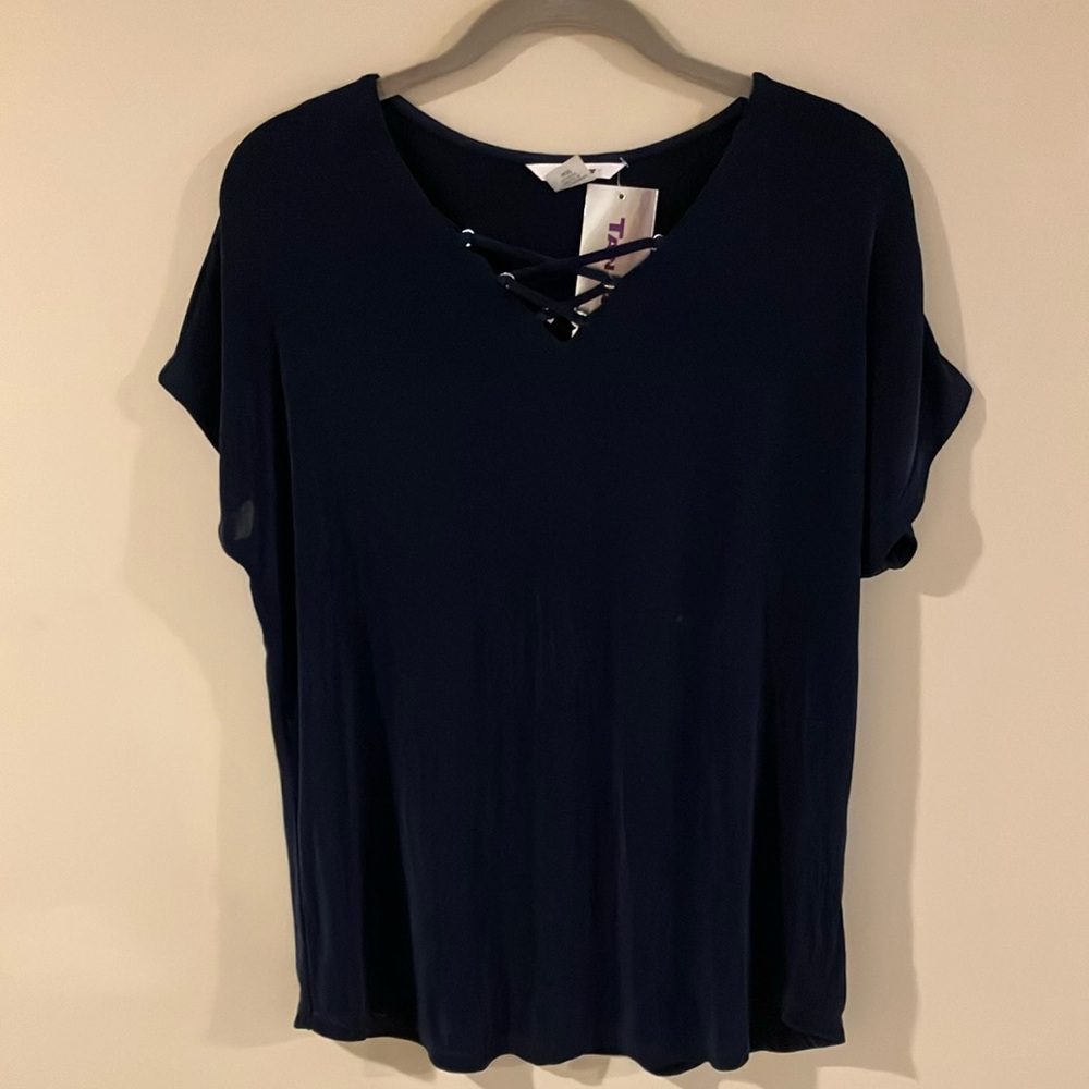 NWT TanJay Deep Blue Top with Lace-Up Detail